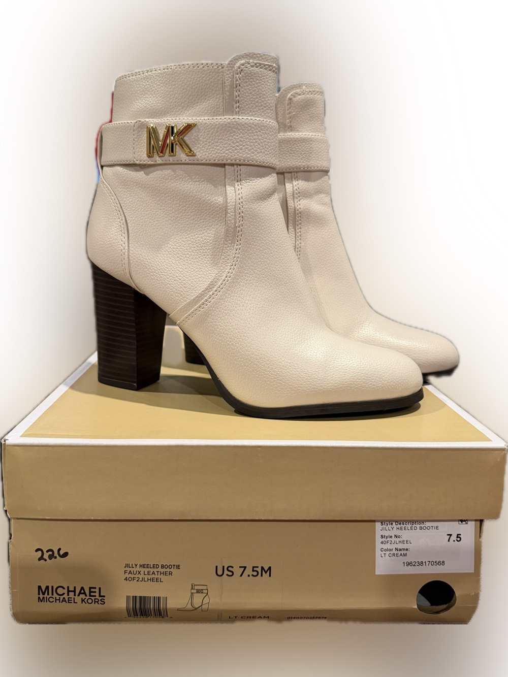Michael Kors Cream Faux Leather Jilly Heeled Bootie  Gold MK Accent